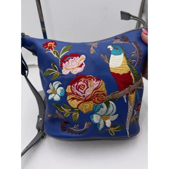 Sharif 1827 Blue Leather Embroidered Parrot Floral Crossbody Bag Grey Trim - Picture 4 of 12
